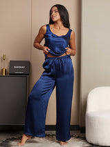 [Dunkelblau] SilkSilky-DE Ärmellos Eckiger Ausschnitt Camisole-Set 003