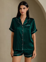 [Dunkelgrün] SilkSilky-DE Short Sleeve Notch-Kragen Damen Pyjamas 003