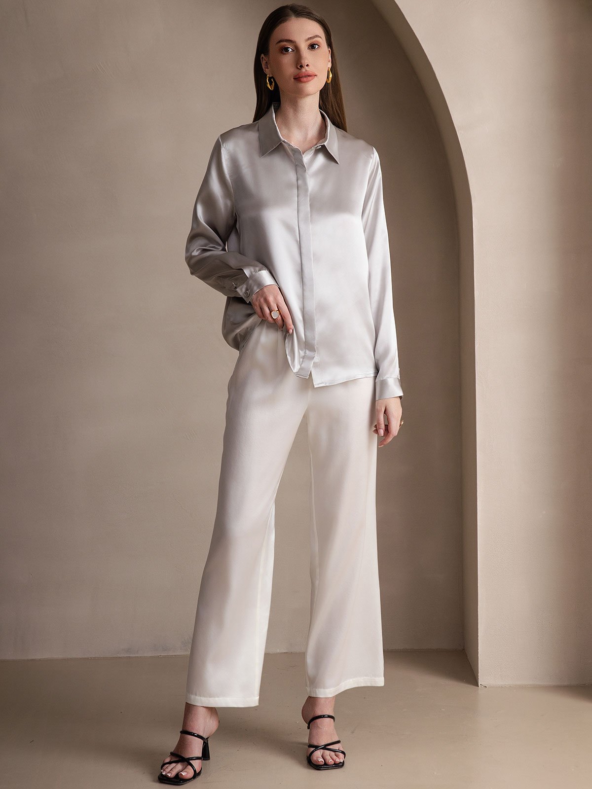 [Hellgrau] SilkSilky-DE 19Momme Seide Langärmelig Umlegekragen Damenhemd 006