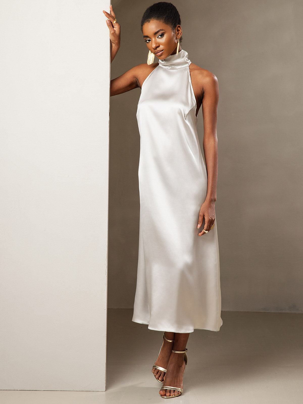 [Hellgrau] SilkSilky-DE 19Momme Seide Ärmellos Hochgeschlossener Ausschnitt Kleider 001