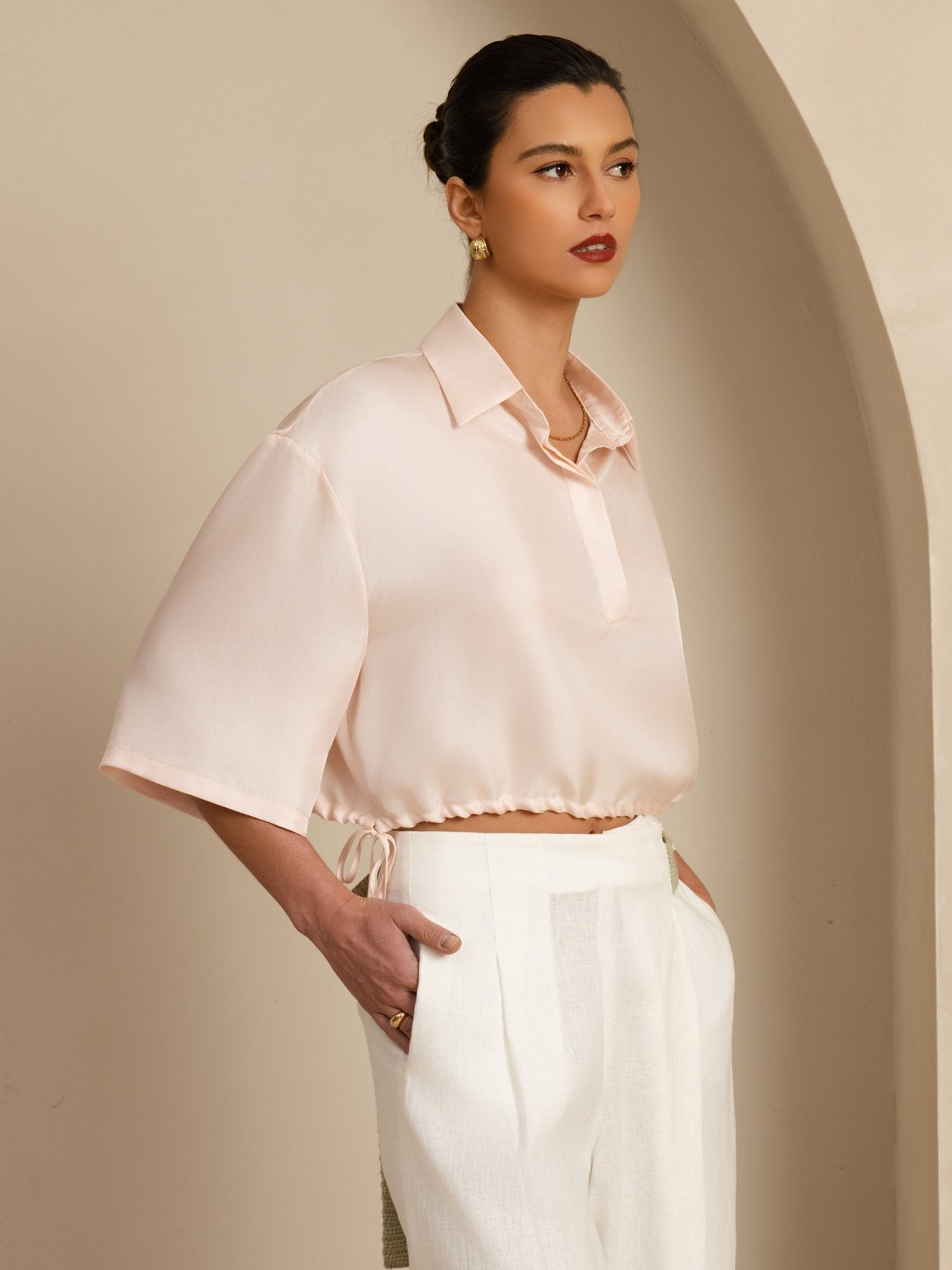 [Rosa] SilkSilky-DE 18Momme Halblange Ärmel Lapelkragen Bluse 004