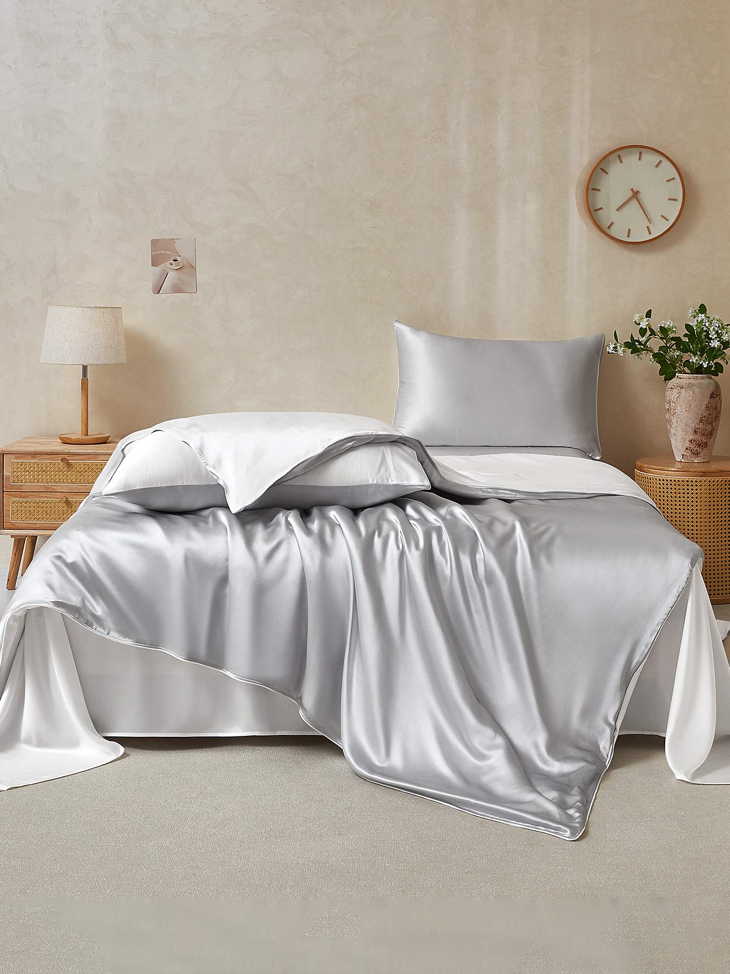 [Hellgrau+Weiß] SilkSilky-DE 19Momme Reine Seide Bedding Set 002,