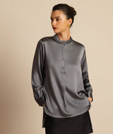 [Dunkelgrau] SilkSilky-DE 19Momme Langärmelig Stehkragen Bluse 003