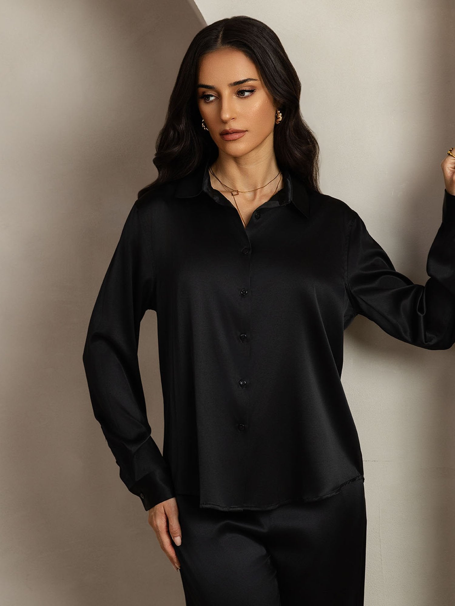[Schwarz] SilkSilky-DE 19Momme Seide Umlegekragen Women''s Outfit Sets 005