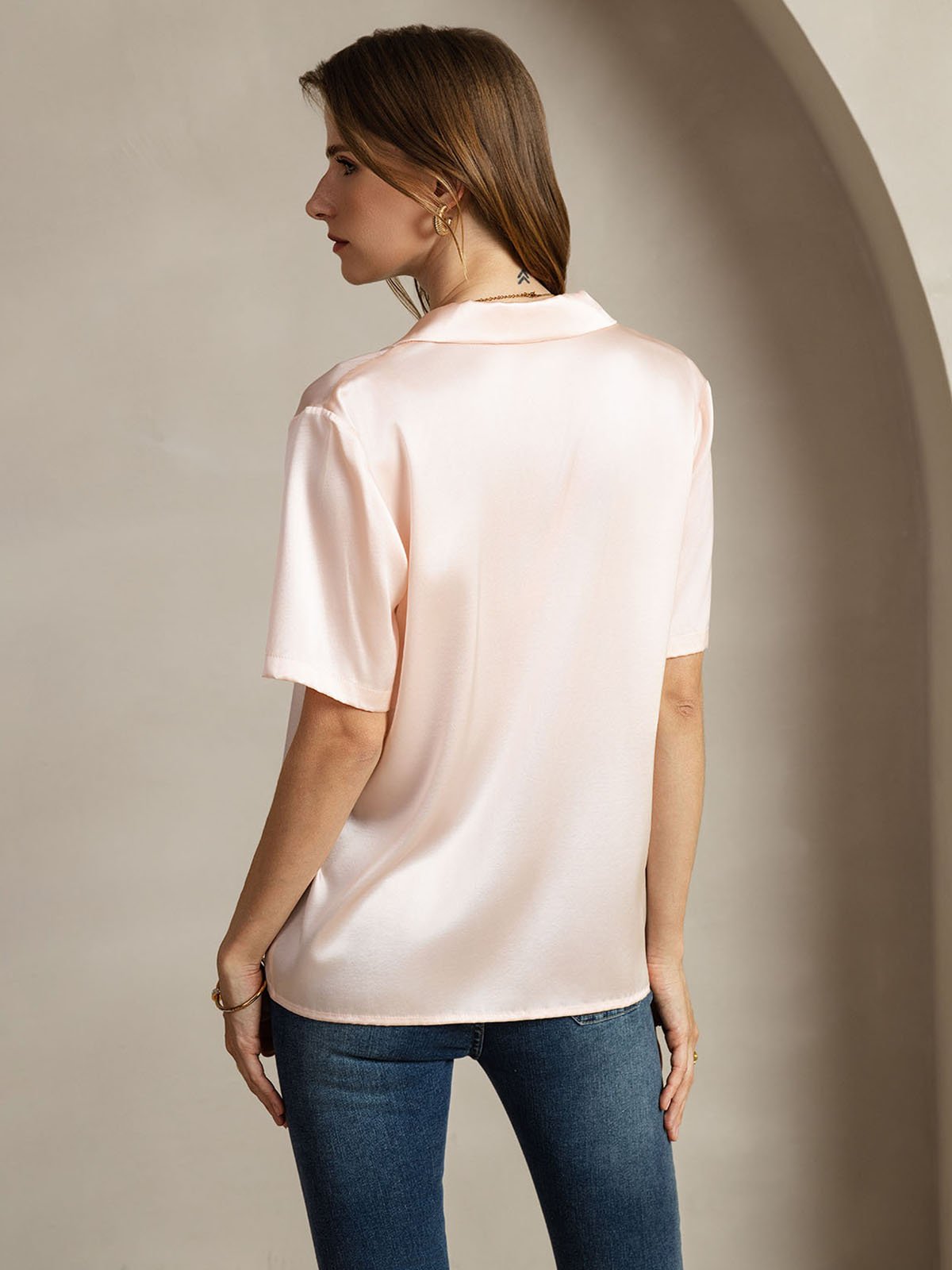 [Rosa] SilkSilky-DE 19Momme Seide Eingekerbter Kragen Damenhemd 002