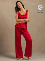 [Rotwein] SilkSilky-DE 19Momme Ärmellos Tiefer Rundhalsausschnitt Damen Pyjamas 001