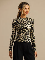 [Leopard] SilkSilky-DE Langärmelig Mock-Ausschnitt T-Shirt 001