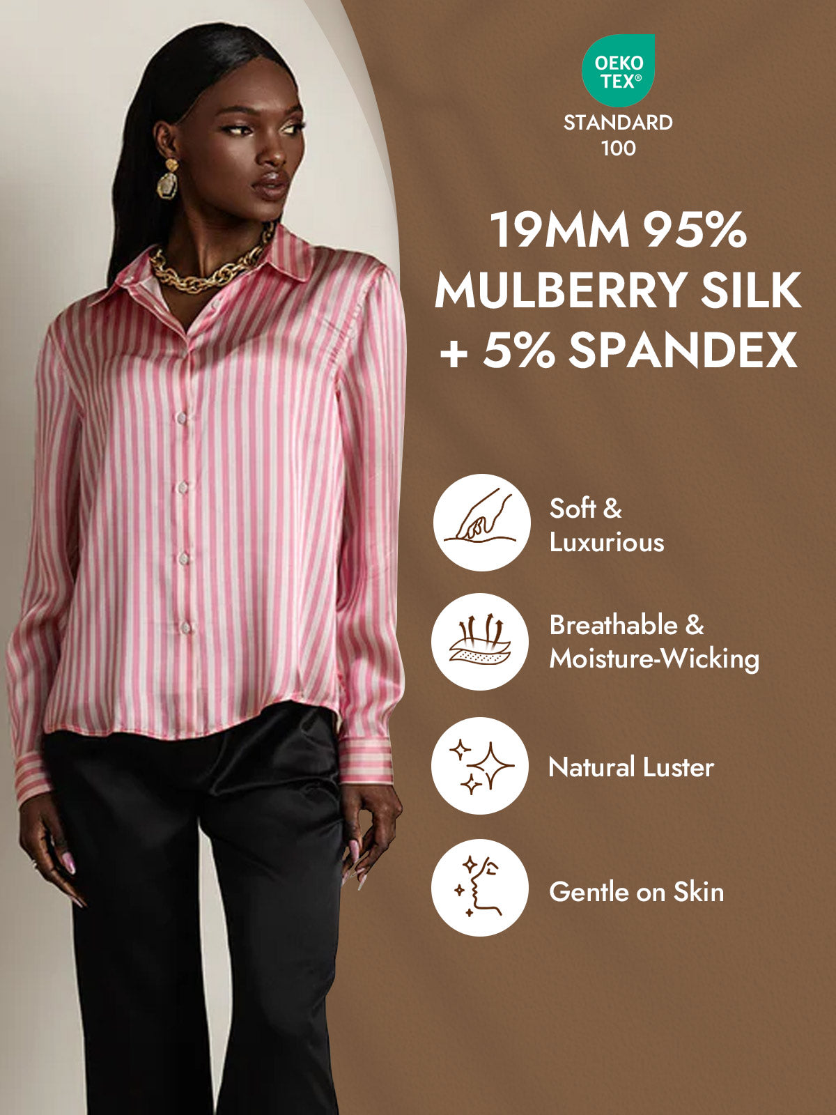 [Rosa Streifen] SilkSilky-DE Seide Langärmelig Umlegekragen Damenhemd 004