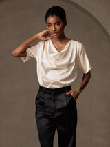 [Beige] SilkSilky-DE Short Sleeve Cowl Neck Damenblusen 004
