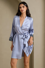 [Stahlblau] SilkSilky-DE 3/4 Sleeve V Neck Nachthemd&Morgenmantel Set 008