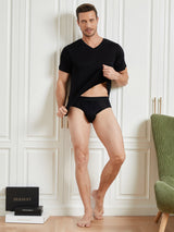 [Schwarz] SilkSilky-DE Kurzärmelig V Ausschnitt Herren T-Shirt 004