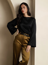 [Schwarz] SilkSilky-DE Long Sleeve Boat Neck Bluse 006