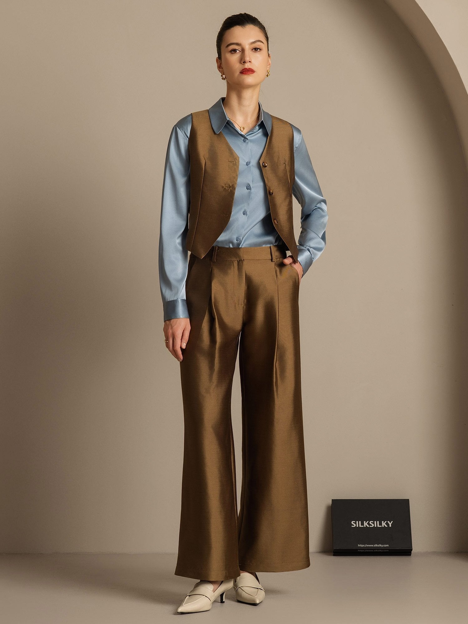 [Bronze] SilkSilky-DE 32Momme Silk-Wool Blend Womens Pants 008,