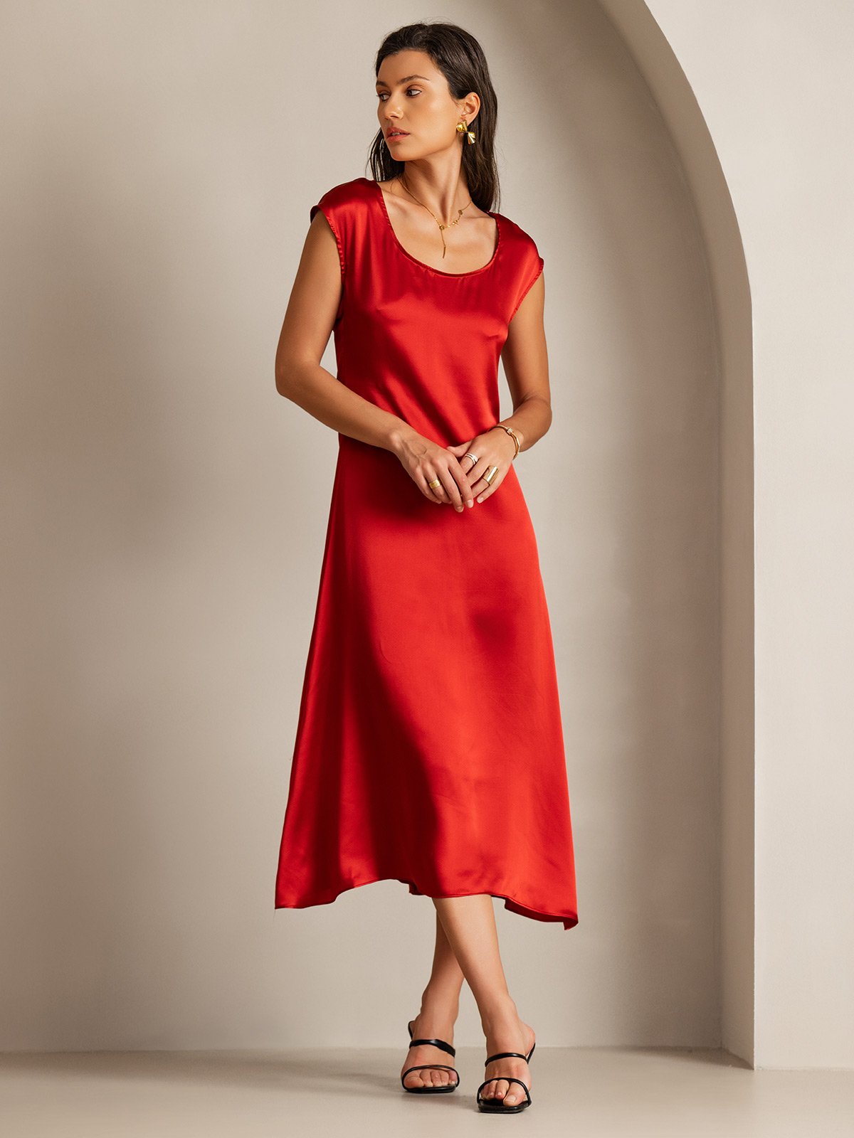 [Rotwein] SilkSilky-DE 19Momme Seide Dress 001