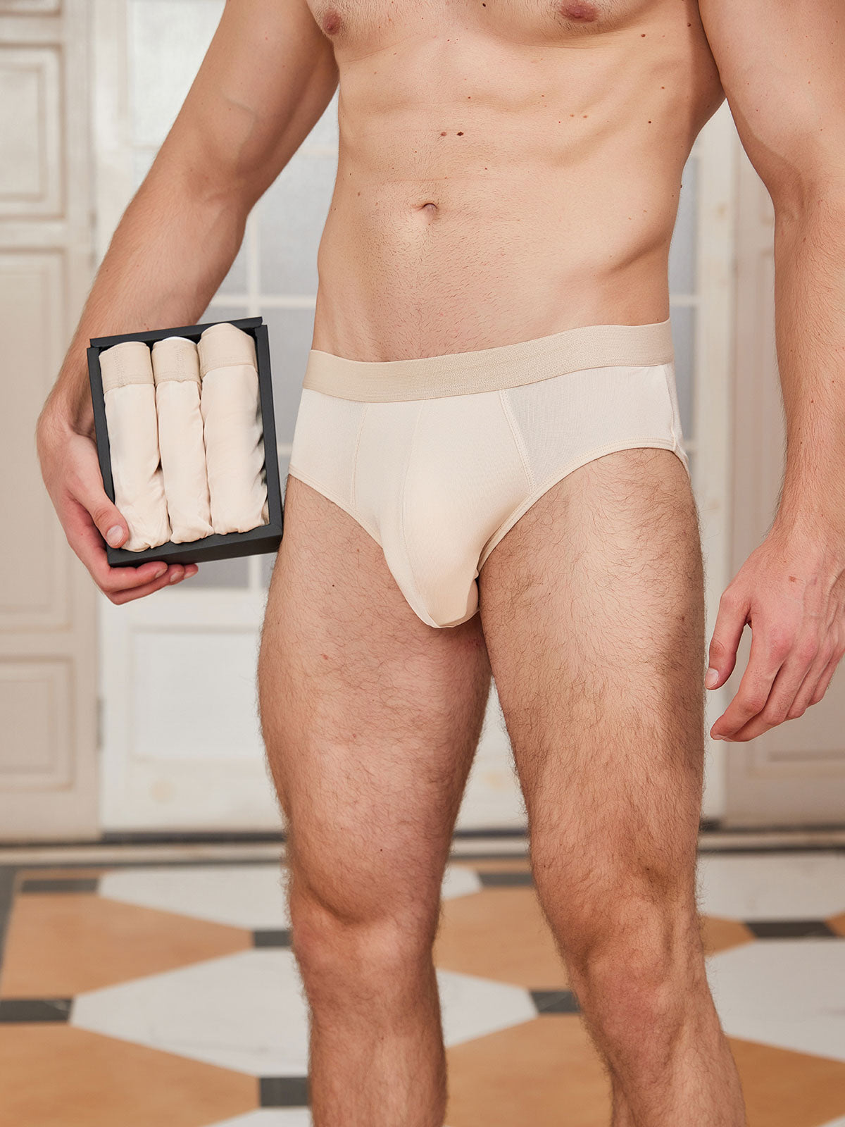 [Beige] SilkSilky-DE Reine Seide Mens Underwear 001