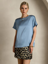[Graublau] SilkSilky-DE 19Momme Kurzärmelig U-Boot-Ausschnitt T-Shirt 003