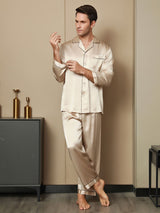 [Tan] SilkSilky-DE Reine Seide Langärmelig Revers Herren Pyjamas 006