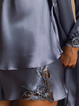 [Stahlblau] SilkSilky-DE Reine Seide 3/4-lange Ärmel V Ausschnitt Damen Pyjamas 005