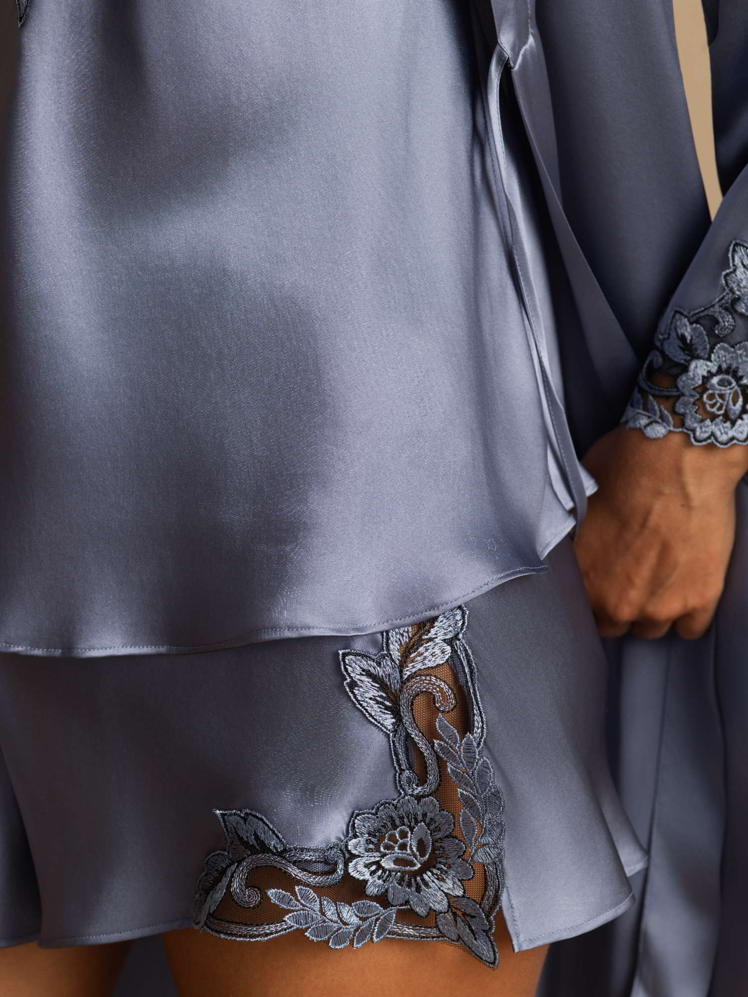 [Stahlblau] SilkSilky-DE Reine Seide 3/4-lange Ärmel V Ausschnitt Damen Pyjamas 005