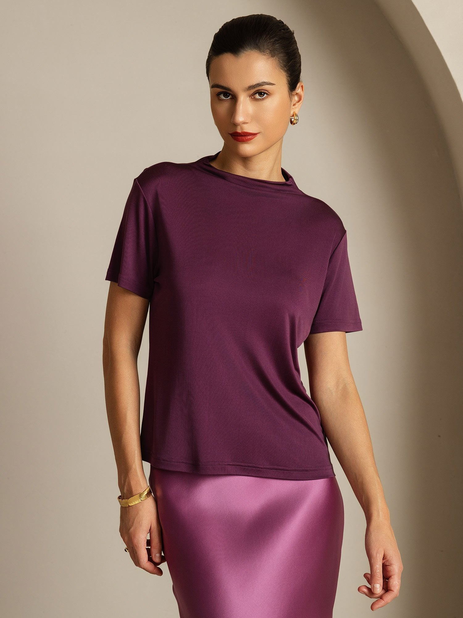 [Violett] SilkSilky-DE Reine Seide Umlegekragen T-Shirt 005