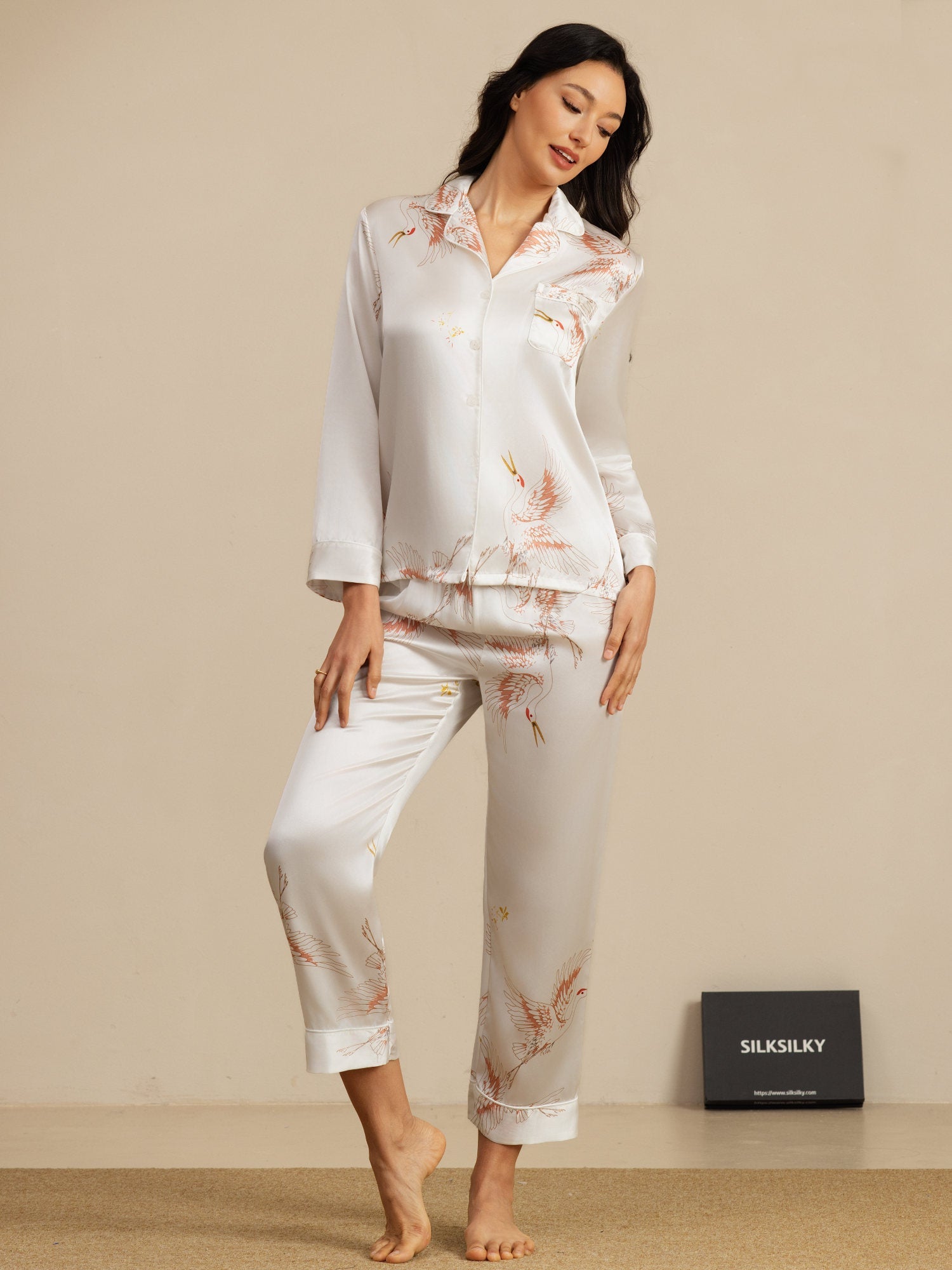 [Weiß] SilkSilky-DE 19Momme Langärmelig Notch-Kragen Damen Pyjamas 001