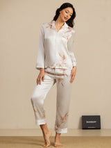 [Weiß] SilkSilky-DE 19Momme Langärmelig Notch-Kragen Damen Pyjamas 001