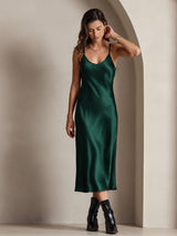 [Dunkelgrün] SilkSilky-DE Sleeveless V Neck Kleider 004
