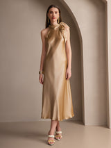 [Champagner] SilkSilky-DE 19Momme Stretch Silk Charmeuse Sleeveless Neckholder Kleider 005