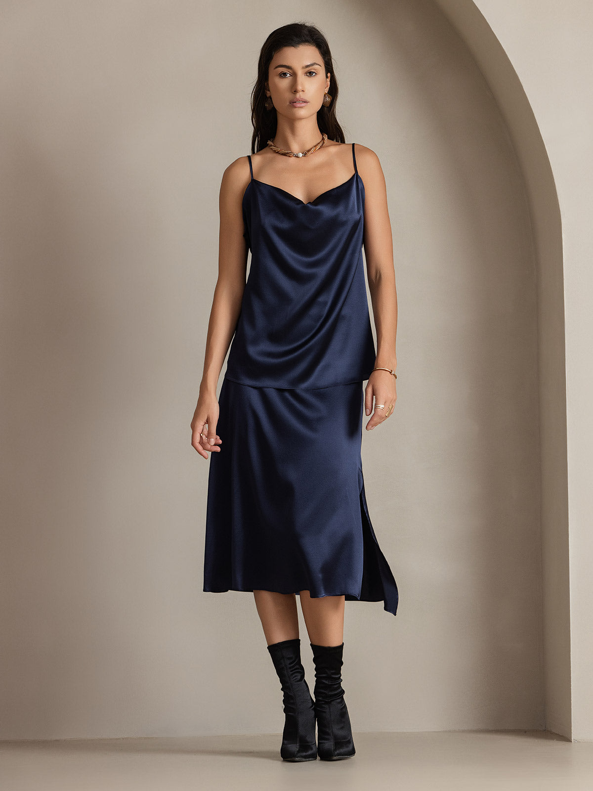 [Dunkelblau] SilkSilky-DE 19Momme Seide Skirt 004