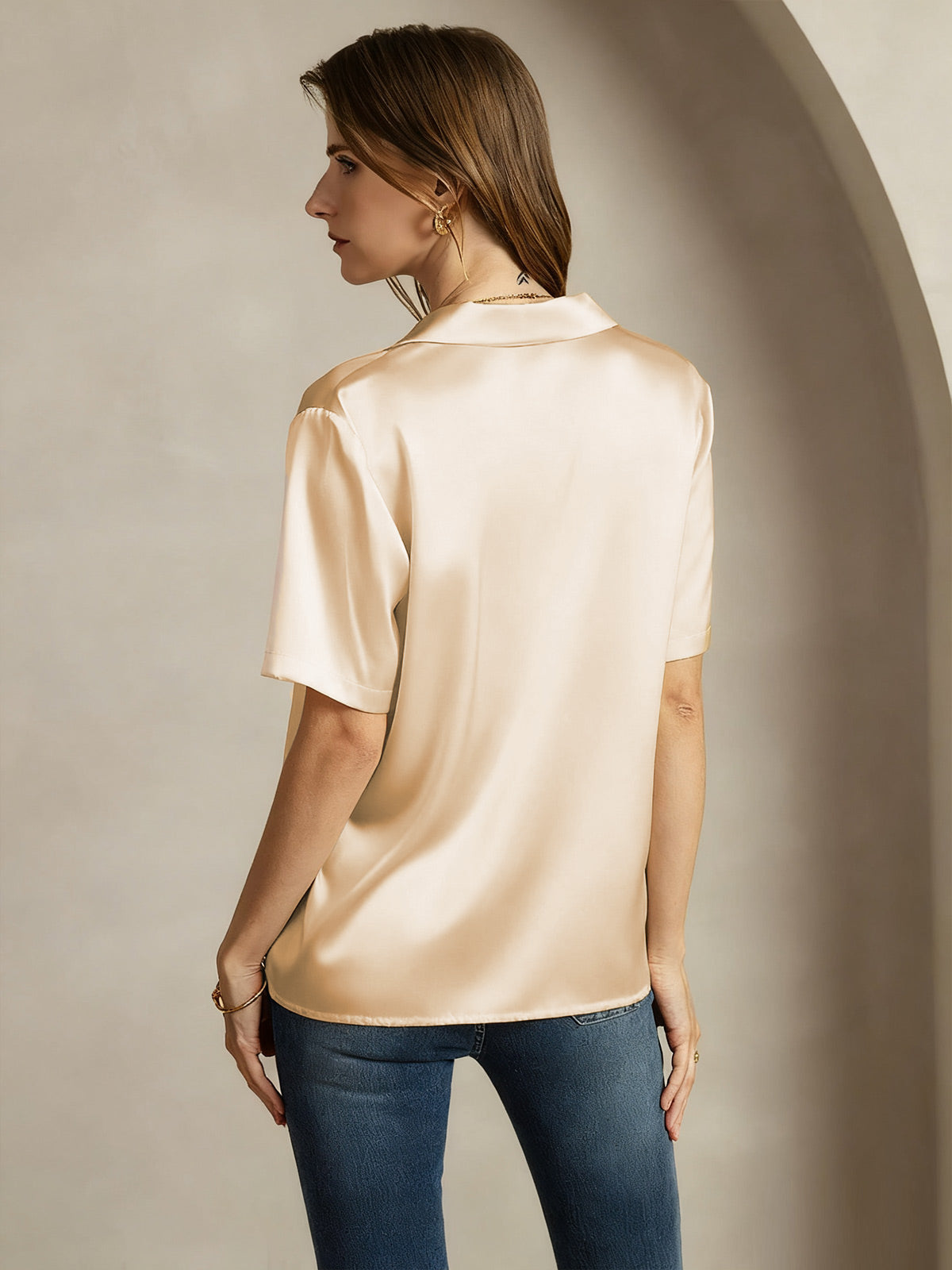 [Champagner] SilkSilky-DE 19Momme Seide Eingekerbter Kragen Damenhemd 002