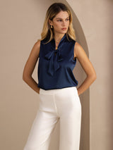 [Dunkelblau] SilkSilky-DE Sleeveless Tie Neck Cami Top 004