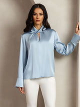 [Graublau] SilkSilky-DE Long Sleeve Keyhole Neck Damenblusen 009