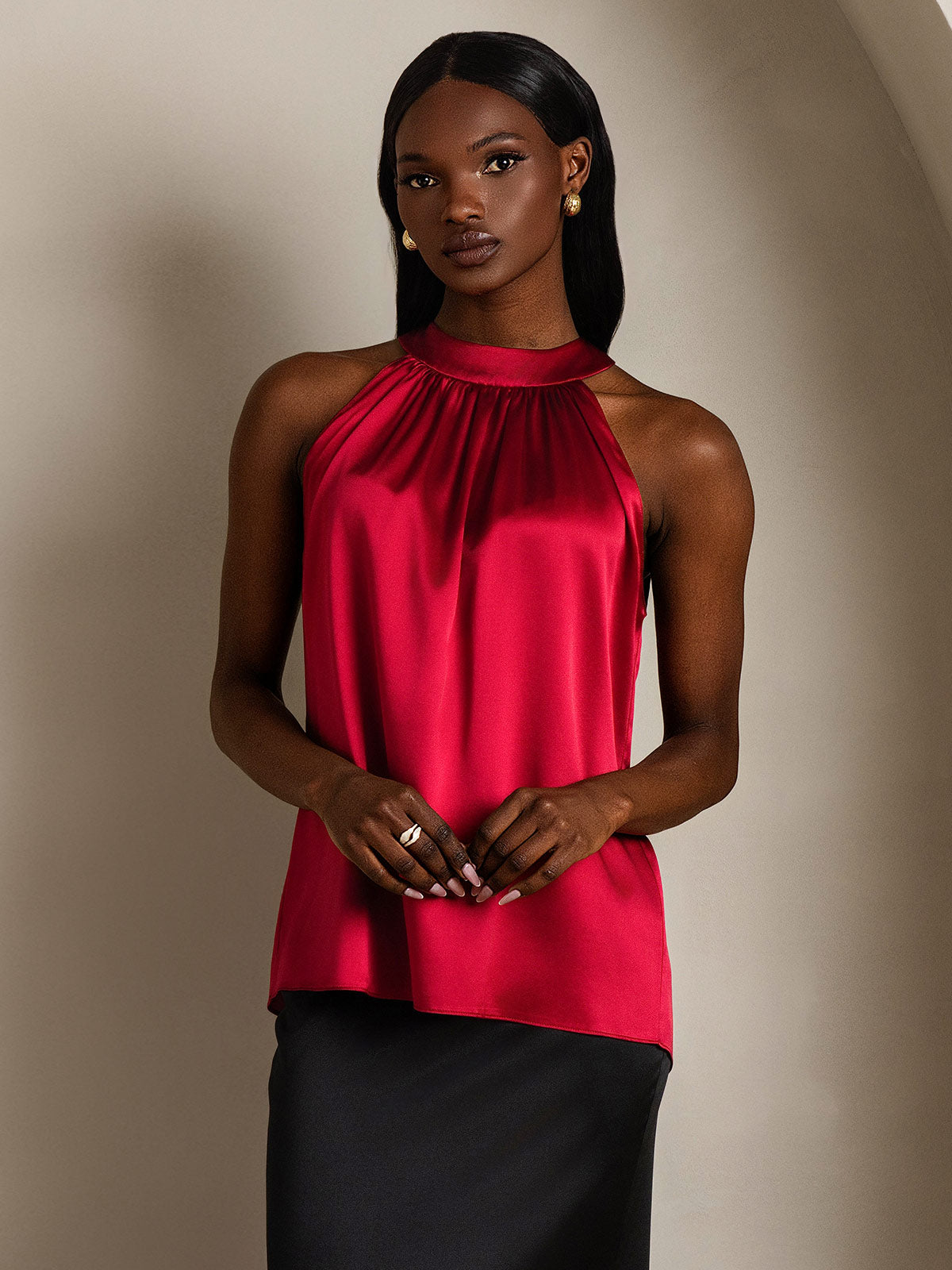 [Rotwein] SilkSilky-DE 19Momme Ärmellos Neckholder T-Shirt 005