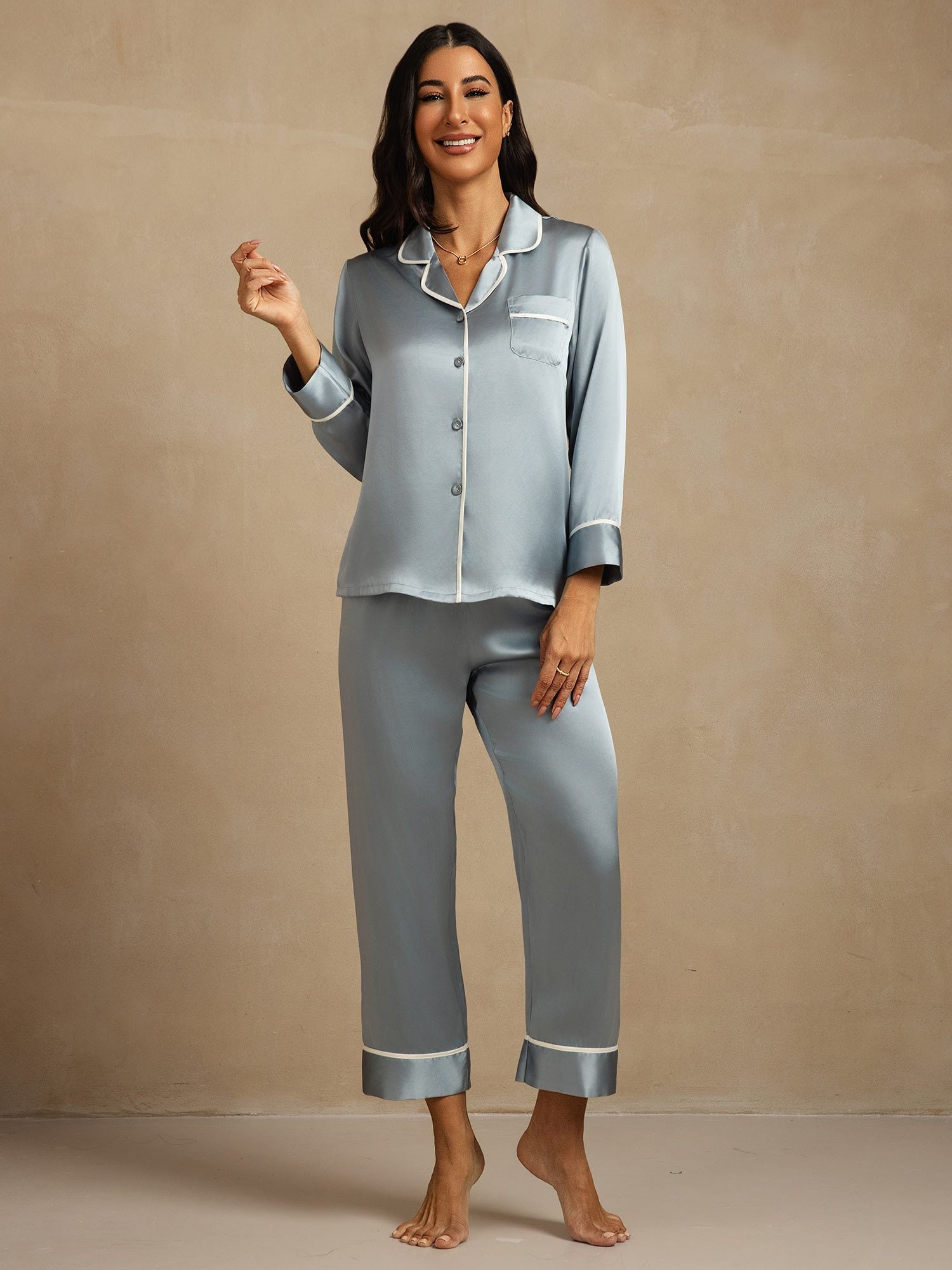 [Graublau] SilkSilky-DE Reine Seide Umlegekragen Damen Pyjamas 007