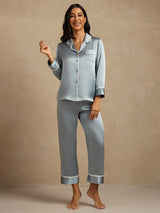[Graublau] SilkSilky-DE Langärmelig Notch-Kragen Damen Pyjamas 007