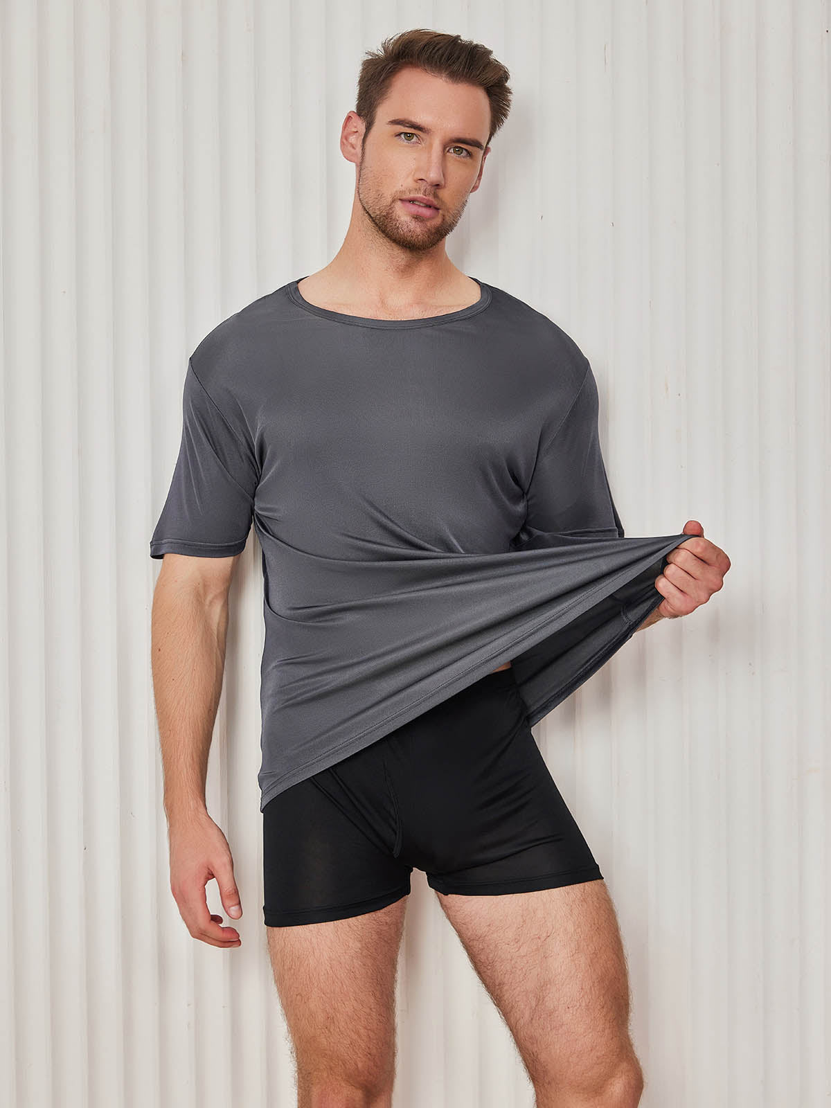 [Dunkelgrau] SilkSilky-DE Seidenstrick Kurzärmelig Rundkragen Herren T-Shirt 005