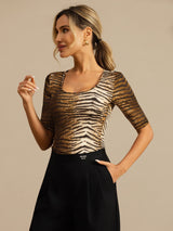 [Tiger] SilkSilky-DE Halblange Ärmel Tiefer Rundhalsausschnitt T-Shirt 005