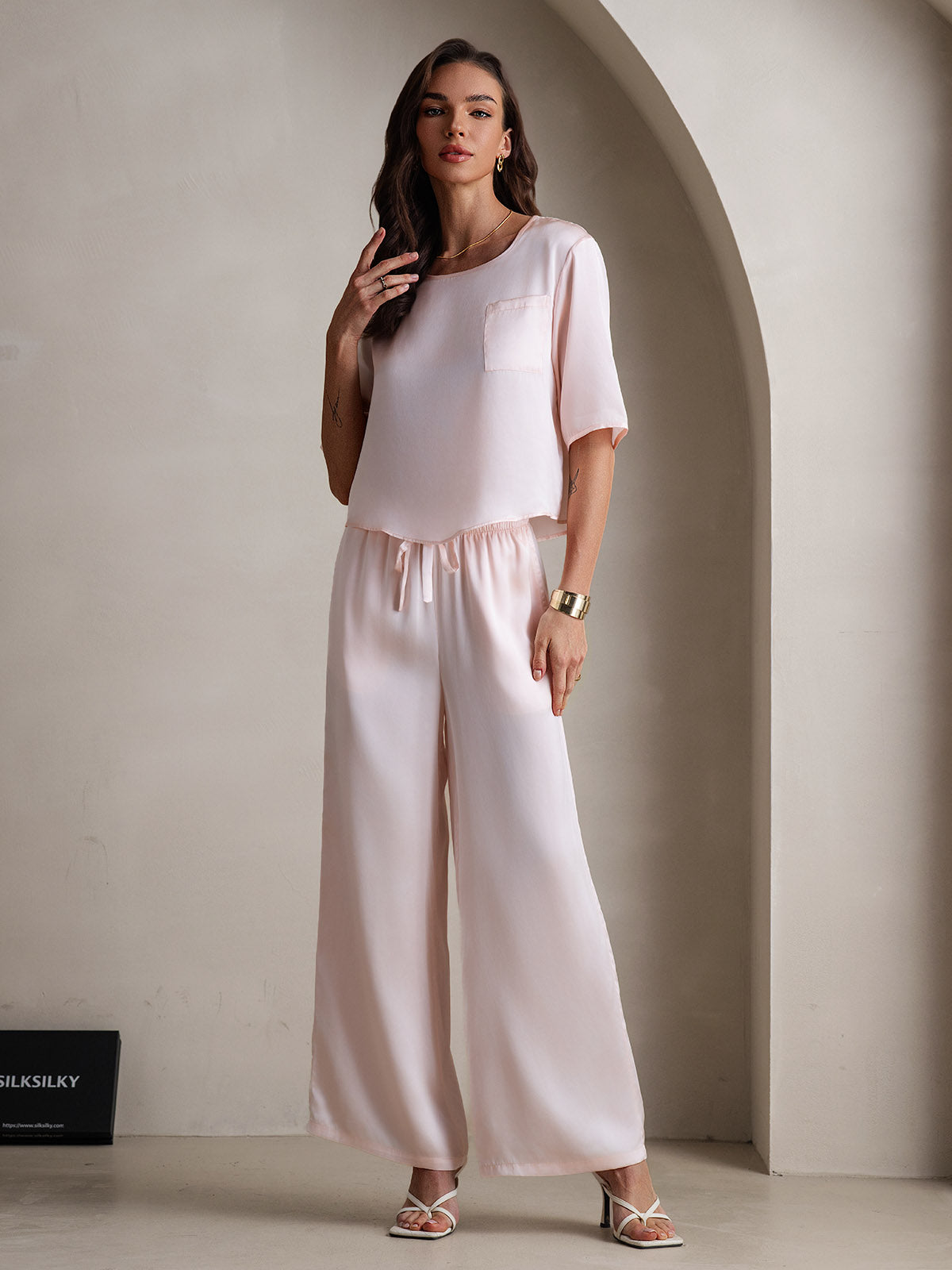 [Rosa] SilkSilky-DE Reine Seide Rundkragen Damen Pyjamas 004