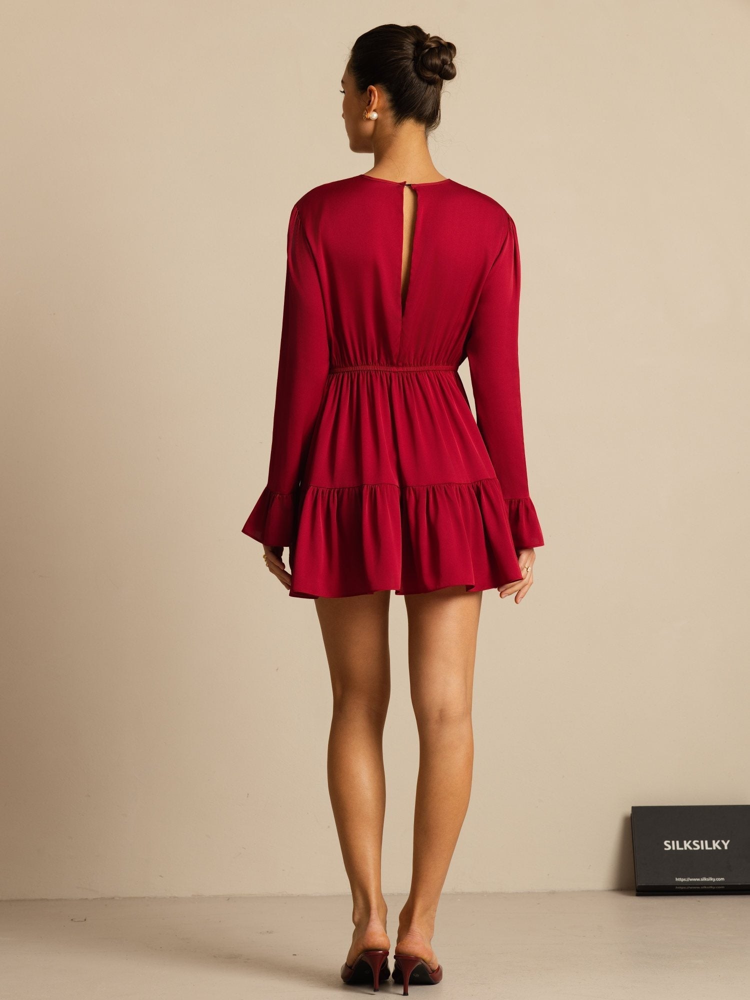 [Rotwein] SilkSilky-DE 19Momme Seide Langärmelig Rundhalsausschnitt Kleider 002