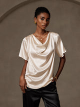 [Beige] SilkSilky-DE Short Sleeve Cowl Neck Damenblusen 001
