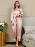 SilkSilky DE Reine Seide Langärmelig Revers Damen Pyjamas Rosa 009