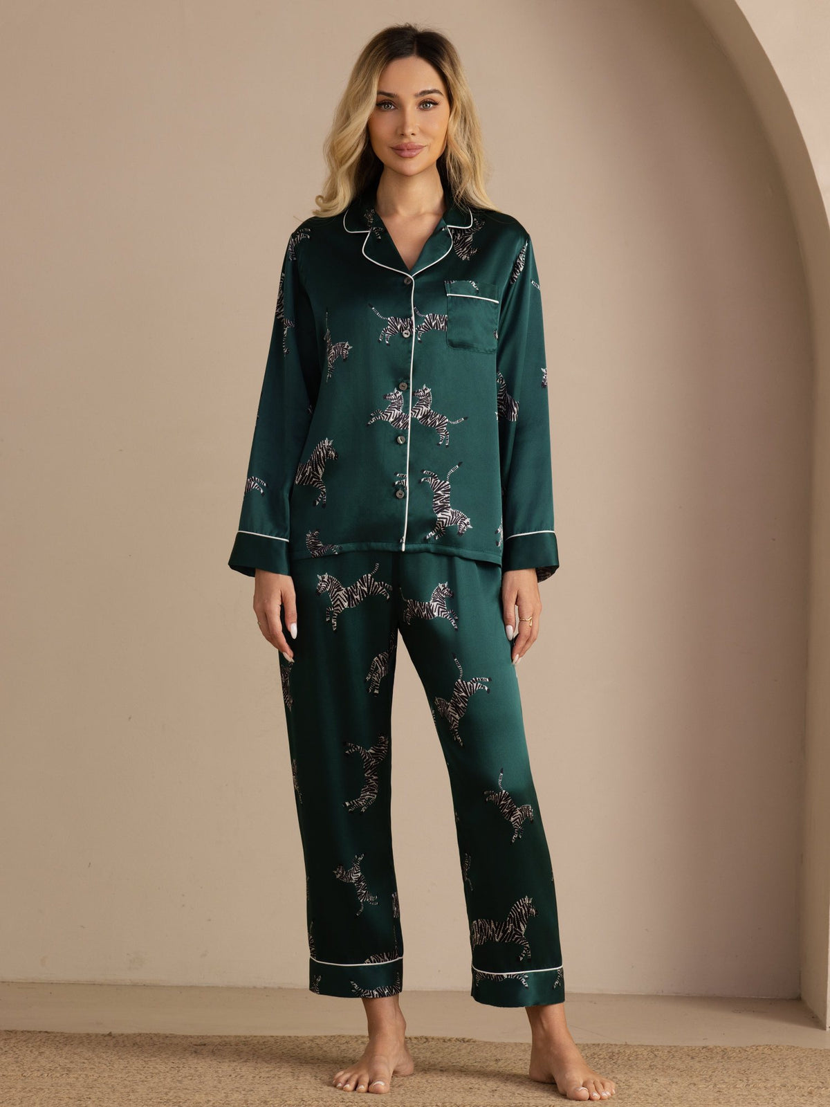 [Smaragd Zebra] SilkSilky-DE Long Sleeve Lapel Collar Damen Pyjamas 001