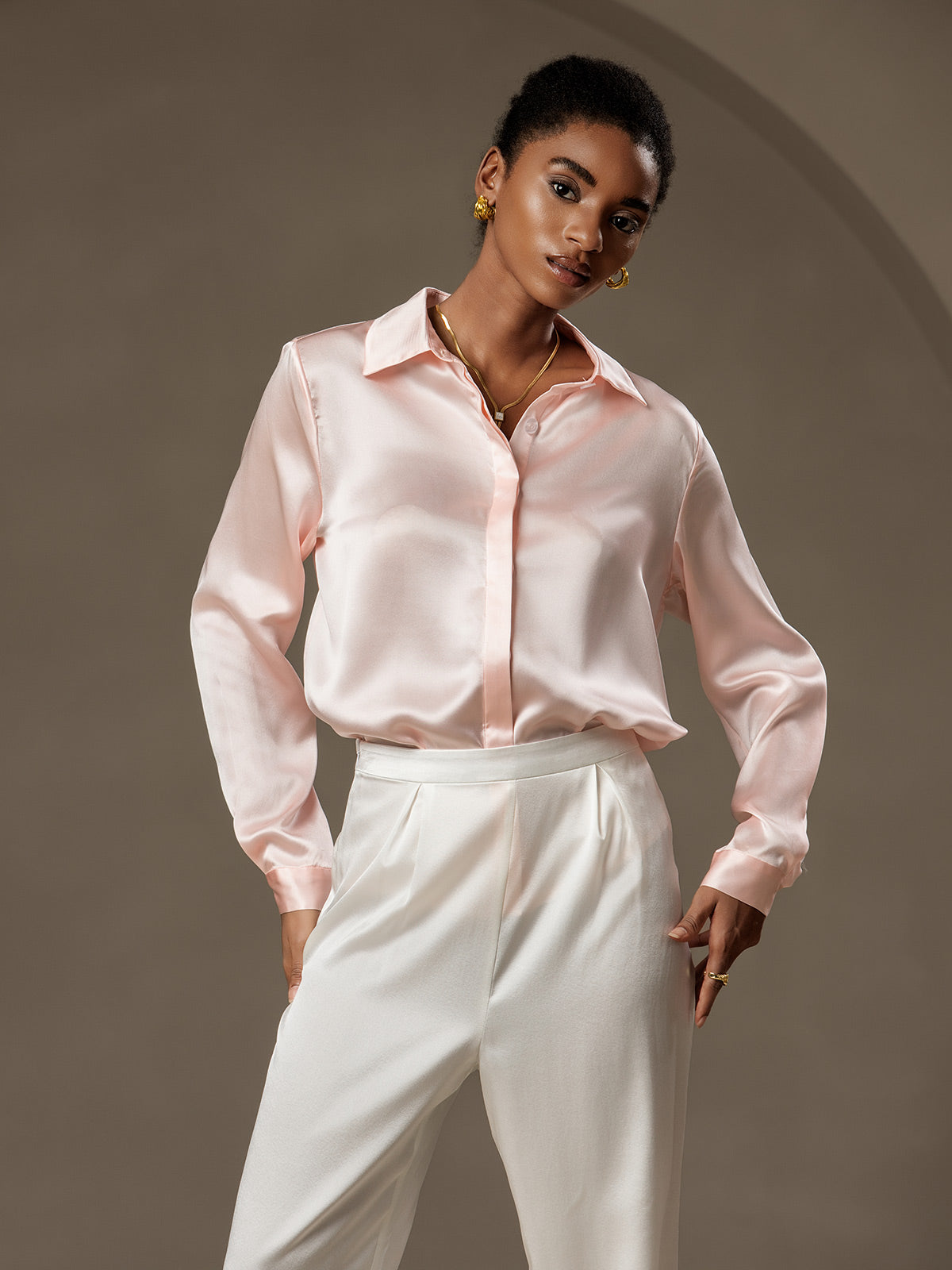 [Rosa] SilkSilky-DE 19Momme Seide Lapel Collar Damenhemd 004