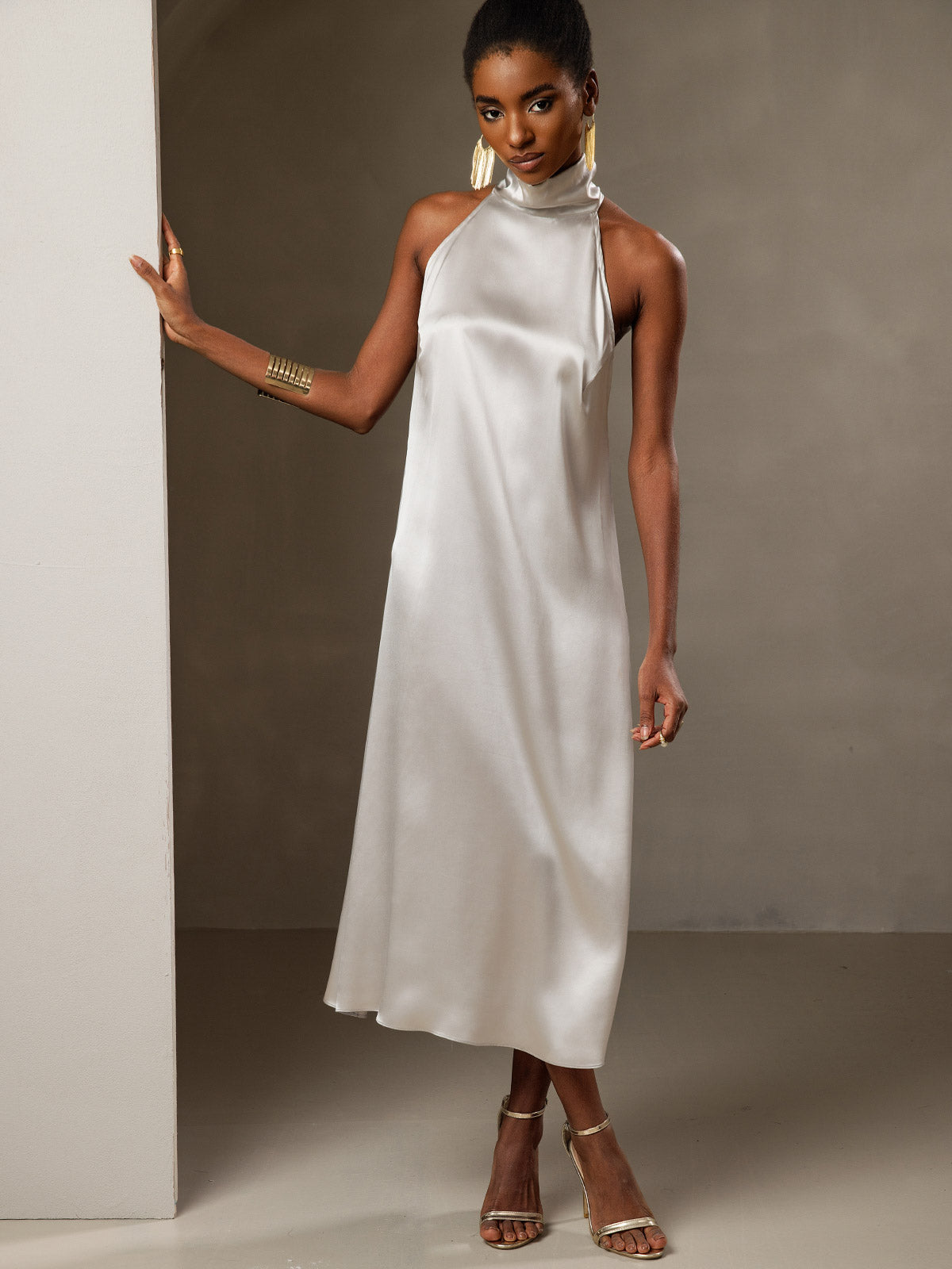 [Hellgrau] SilkSilky-DE 19Momme Seide Ärmellos Hochgeschlossener Ausschnitt Kleider 007