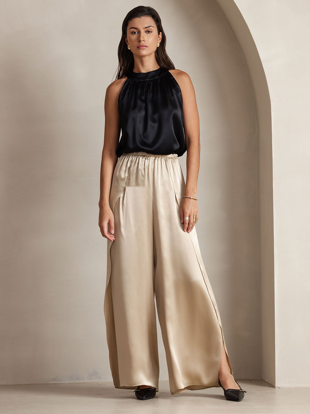 [Schwarz] SilkSilky-DE 19Momme Ärmellos Neckholder T-Shirt 006