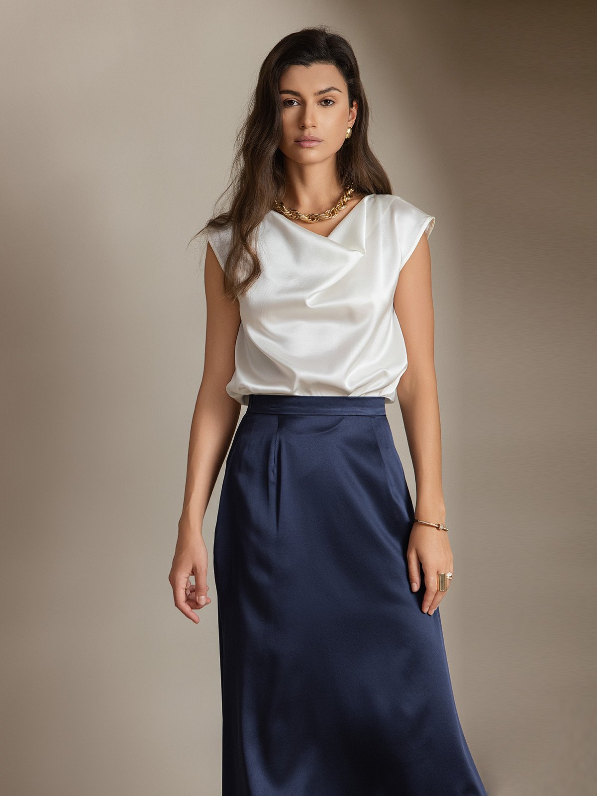 [Weiß] SilkSilky-DE 19Momme Seide Ärmellos Wasserfallausschnitt T-Shirt 008