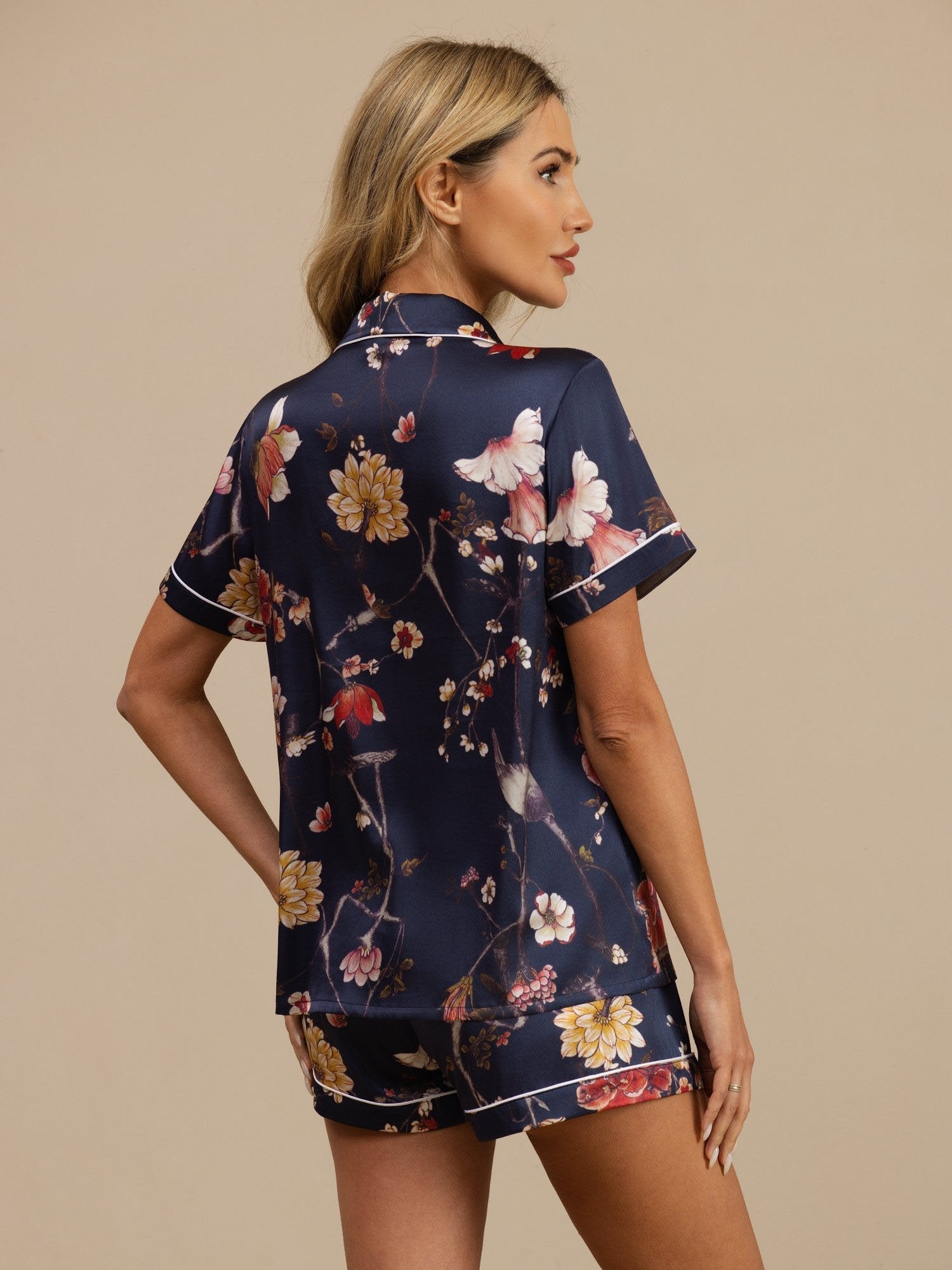 [Marine Blumen] SilkSilky-DE Kurzärmelig Notch-Kragen Damen Pyjamas 002