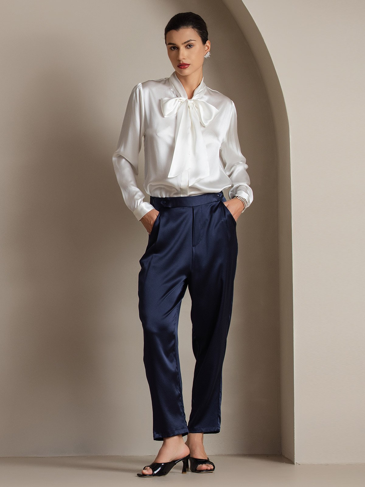 [Weiß] SilkSilky-DE 19Momme Seide Langärmelig Blouse 006