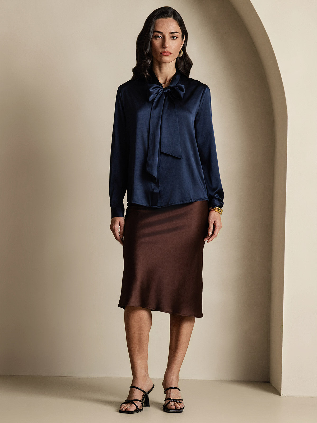 [Dunkelblau] SilkSilky-DE 19Momme Seide Langärmelig Schleife am Ausschnitt Damenhemd 006