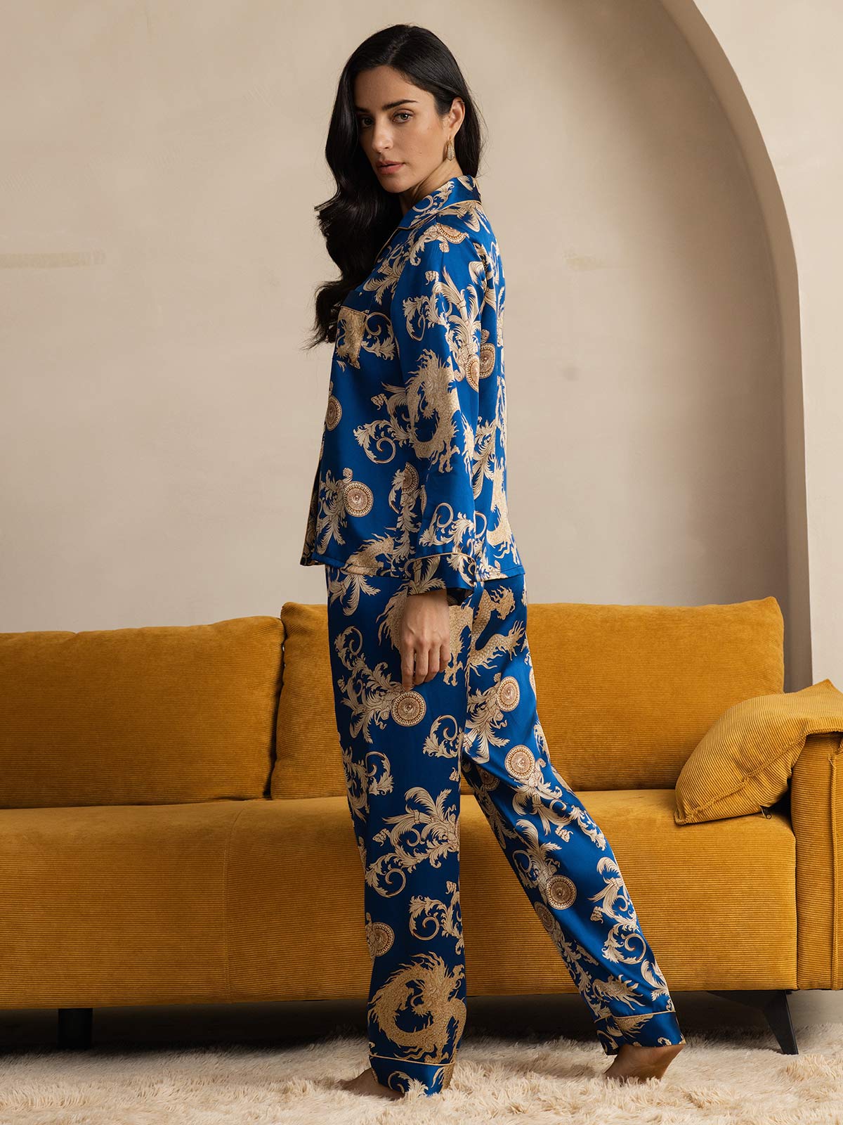 [Navy Drache] SilkSilky-DE Reine Seide Womens Pajamas 002